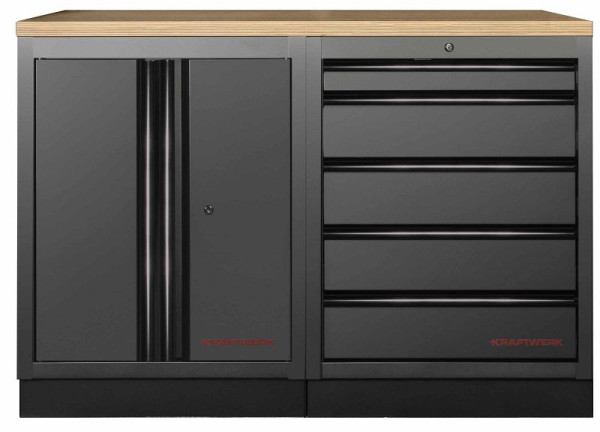 Kraftwerk MOBILIO BLACK EDITION 2er Unterschrank-Kombi, 5 Schubladen, 1 Schrank, Arbeitsplatte Buche Multiplex, 3964K-BLK-018