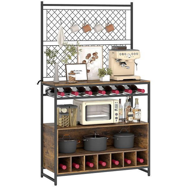 HOMCOM Küchenregal mit Arbeitsfläche, Metallgitterpaneele, 5 Haken, Küchenschrank für Gewürze, Töpfe, Pfannen, Braun, 801-395V00DW