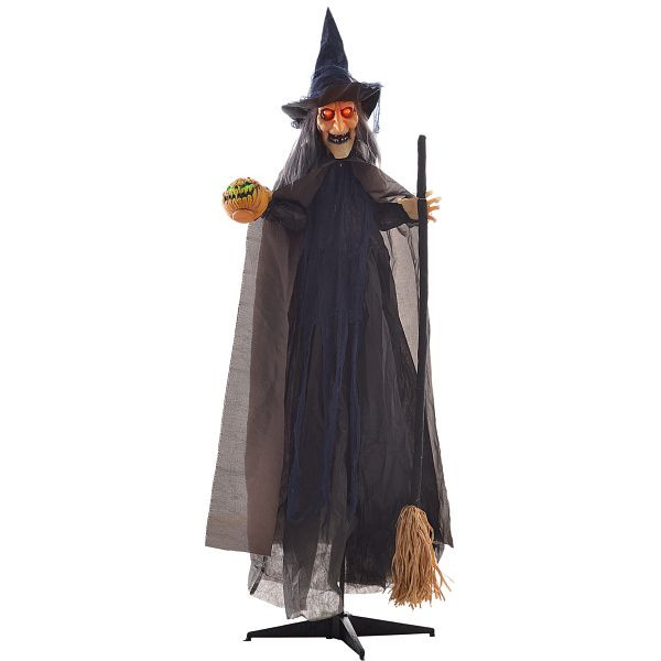 HOMCOM Halloweendekoration Hexe mit Besen, leuchtende Augen, gruselige Geräusche, biegsame Arme, 107x65x190 cm, 844-874V00BN