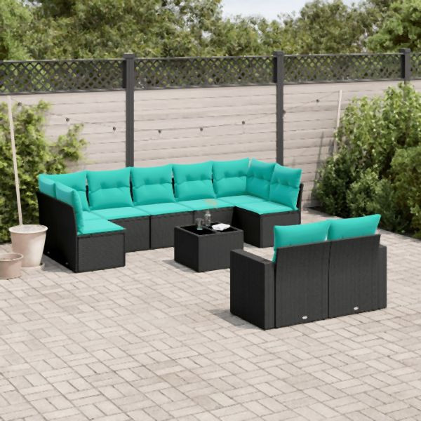 vidaXL 10-teilig Garten-Sofagarnitur mit Kissen Schwarz Poly Rattan, 3219417