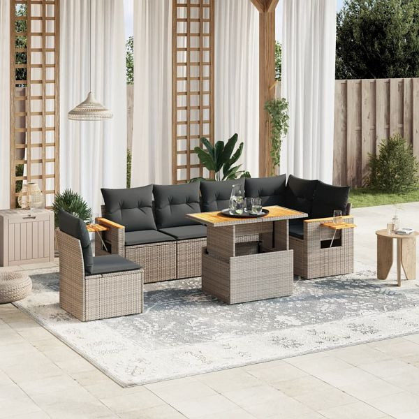 vidaXL 7-tlg. Garten-Sofagarnitur mit Kissen Grau Poly Rattan, 3273545