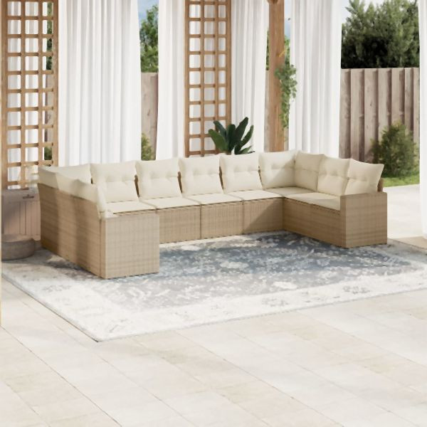 vidaXL 10-tlg. Garten-Sofagarnitur mit Kissen Beige Poly Rattan, 3219458