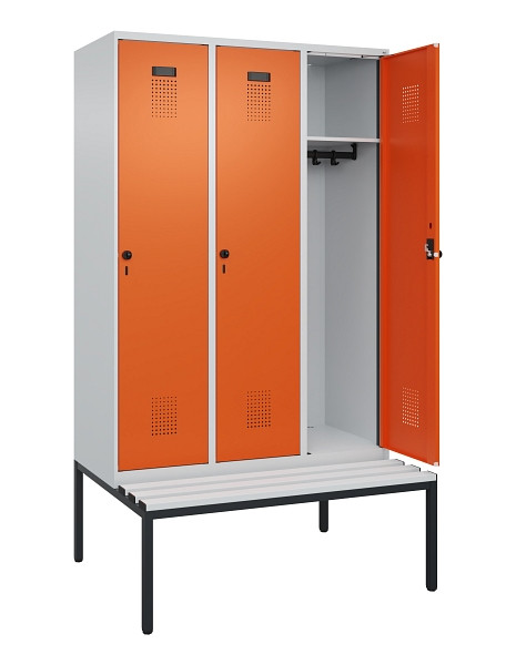 C+P Spind Evolo PLUS, 3 Abteile, 2120x1200x815mm, 7035/2004, Haken 4, Drehriegel, Sitzfläche Kunststoff, Sitzbank, 0490507-32 S10056