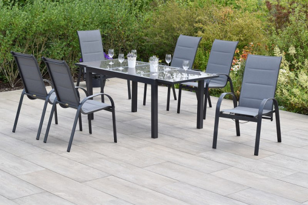 Merxx Amalfi Set 7-teilig, 4 Amalfi Stapelsessel mit hoher Rückenlehne, 2 Amalfi Stapelsessel, 1 Ausziehtisch 140 (200) x 90 cm, Graphit/grau, 50710-309