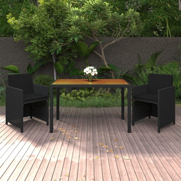 vidaXL 3-tlg. Garten-Essgruppe mit Kissen Poly Rattan Schwarz, 3095498