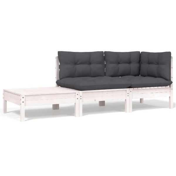 vidaXL 3-tlg. Garten-Lounge-Set mit Kissen Weiß Kiefer Massivholz, 806671