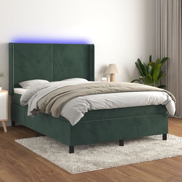 vidaXL Boxspringbett mit Matratze & LED Dunkelgrün 140x190 cm Samt, 3139442