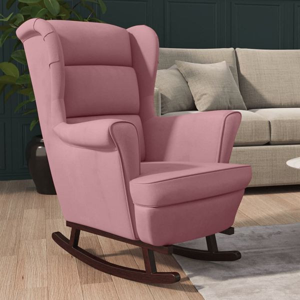 vidaXL Schaukelstuhl mit Massivholz-Gummibeinen Rosa Samt, 329367