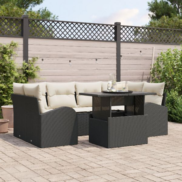 vidaXL 7-teiliges Garten Sofa Set mit Kissen aus schwarzem Poly Rattan, 3348573