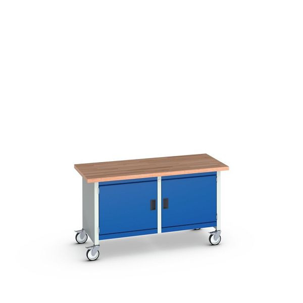 bott cubio Kastenwerkbank mobil, 2 Türen, 2 Ablagen, Rotbuche-Arbeitsplatte, BxTxH: 1500x750x840mm, RAL 7035/5010, Enzianblau, 41002098.11V