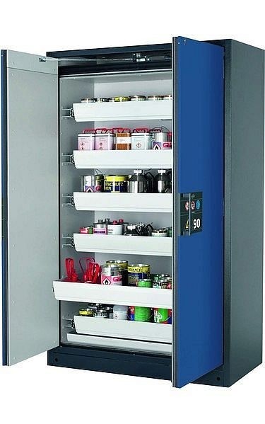 asecos Sicherheitsschrank Q-PEGASUS-90, Q90.195.120.WDAC in enzianblau RAL 5010 mit 6x Auszugswanne Standard (Stahlblech), 30002-047-30017