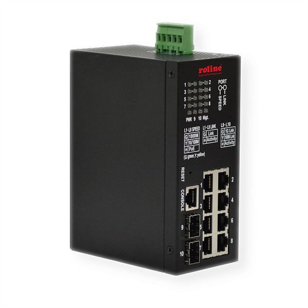 ROLINE Industrial Gigabit Switch, 10 Ports (8x RJ45 + 2x SFP), PoE+, Smart Manag, 21.13.1137