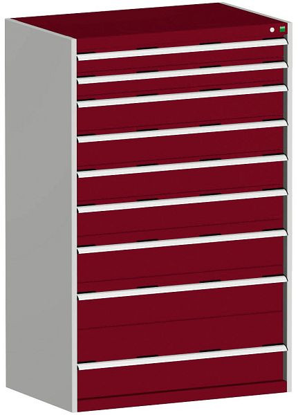 bott cubio Schubladenschrank bestückt mit 9 Schwerlastschubladen BxTxH: 1050 x 650 x 1600 mm, RAL 7035/3004, 40021044.24V