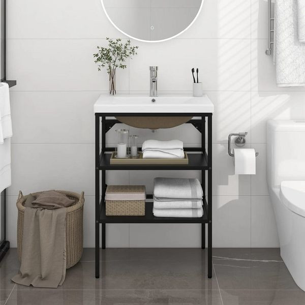 vidaXL Badezimmer-Waschtischgestell mit Waschbecken Schwarz Eisen, 3101377