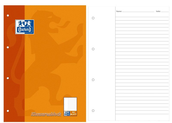 Oxford Klausurenblock - A4, 50 Blatt, 90 g/qm, liniert mit breitem Rand, 100061261