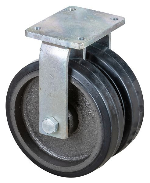 BS Rollen Schwerlastdoppelrolle, Bockrolle, Rad-Breite 2x75 mm, Rad-Ø 300 mm, Tragfähigkeit 1700 kg, Elastik-Reifen schwarz, Guss, Kugellager, S110.B81.300