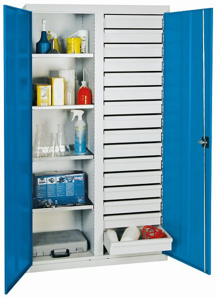stumpf Werkzeugschrank, Höhe 180 cm, mit 2 Abteilen, 4 Fachböden, 16 Schubladen, lichtgrau / lichtblau, 2004178