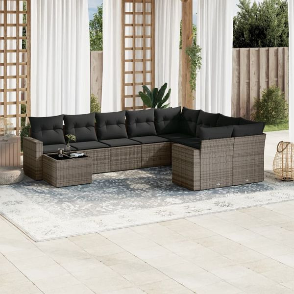 vidaXL 10-tlg. Garten-Sofagarnitur mit Kissen Grau Poly Rattan, 3251797