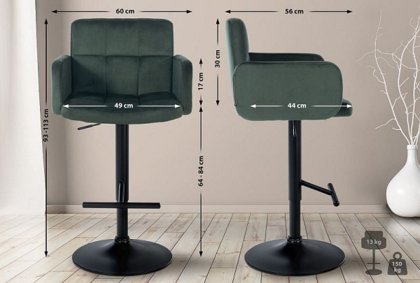 CLP Barhocker Los Angeles Samt schwarz, dunkelgrün, VE: 2 Stück, 327348