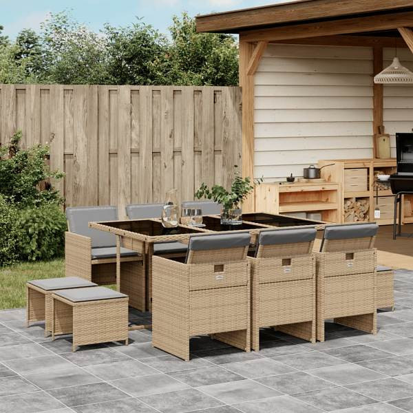 vidaXL 11-tlg. Garten-Essgruppe mit Kissen Beigemischung Poly Rattan, UV-beständig, 3277739