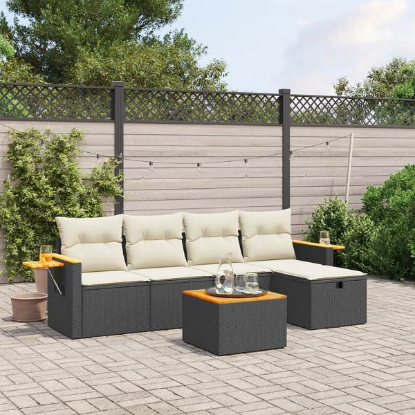 vidaXL 6-tlg. Garten-Sofagarnitur mit Kissen Schwarz Poly Rattan, UV-beständig, 3265508