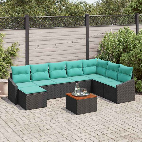vidaXL Gartensofa-Set mit Kissen 9-teilig Schwarz Poly-Rattan, 3347872