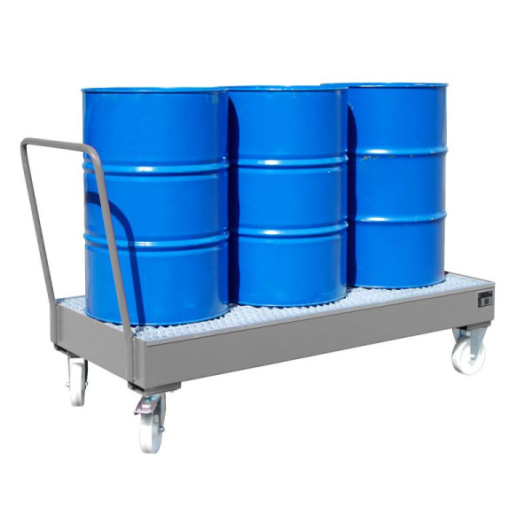 STEIN HGS Fahrbare Auffangwanne Serie 2000, 3mm Stahlblech, für 200l-Fässer, 202 Liter, RAL 7005 mausgrau, lackiert, 3 x 200 Liter Fass, 79206.0017