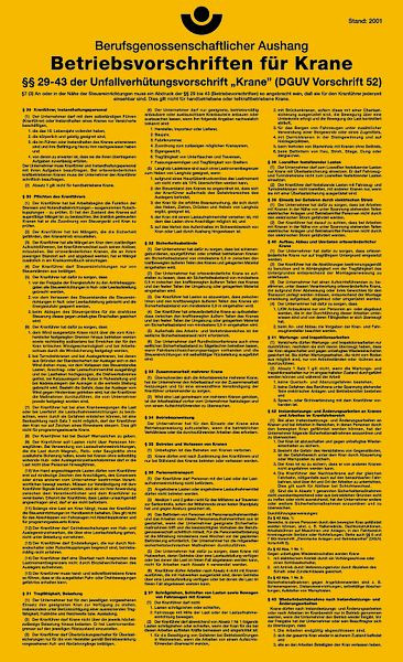 Schilder Klar Aushang Betriebsvorschriften für Krane, 275x450x1.5 mm Kunststoff, 734/71