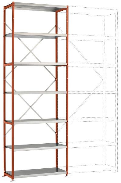 Manuflex Mittelschweres Fachboden-Steck-Grundregal mit 7 Stahlböden, HxBxT = 3000 x 1030 x 300 mm, rotorange, RP1617.2001