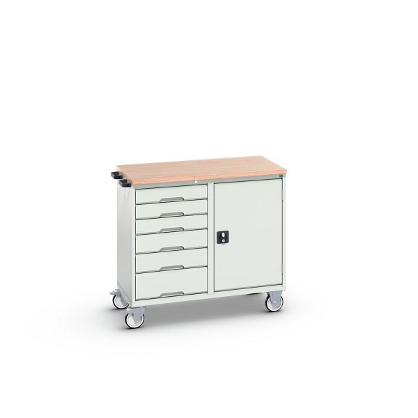bott verso Montagewagen, mit 6 Schubladen, Tür und Multiplex-Top, BxTxH: 1050 x 600 x 980 mm, Lichtgrau / Lichtgrau, 16927124.16