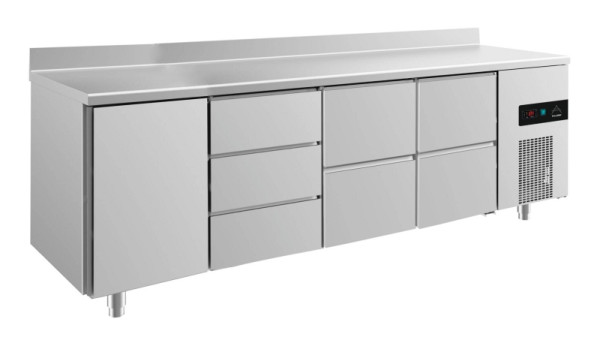 A&S Polarny Kühltisch -2 bis +8°C mit Tür links, 2x zwei Schubladen und drei Schubladen mittig-links, 2330 x 700 x 850 mm, mit Aufkantung, KT4TDZZA