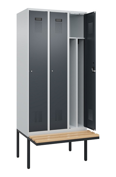 C+P Spind Evolo PLUS, 3 Abteile, 2120x900x815mm, 7035/7016, Haken 4, Zylinderschloss, Sitzfläche Holz, 0490407-30F S10039