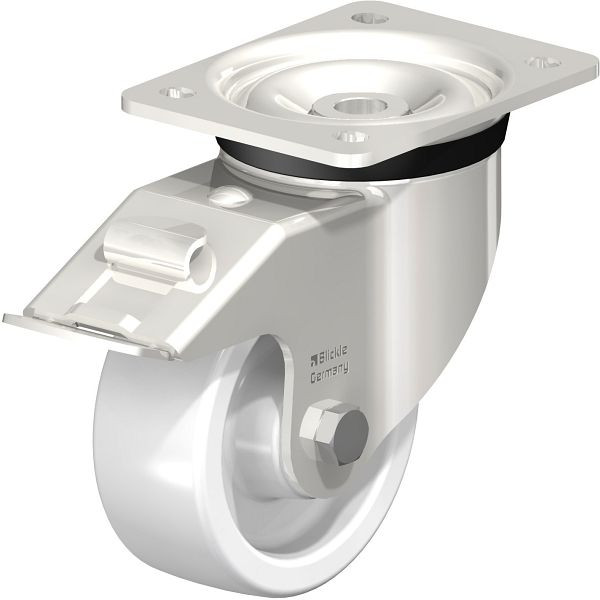 Blickle LKX-SPO 127G-FI Edelstahl-Schwerlast-Lenkrolle mit Anschraubplatte & Feststeller, Polyamid, Weiß, 602458