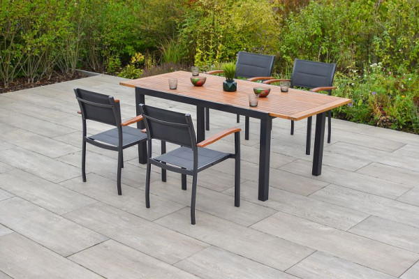 Merxx Paxos Set 5-teilig, 4 Paxos Stapelsessel, 1 Ausziehtisch, 150 (200) x 90 cm, Aluminium mit Textilbespannung und FSC Akazienholz, 50638-307