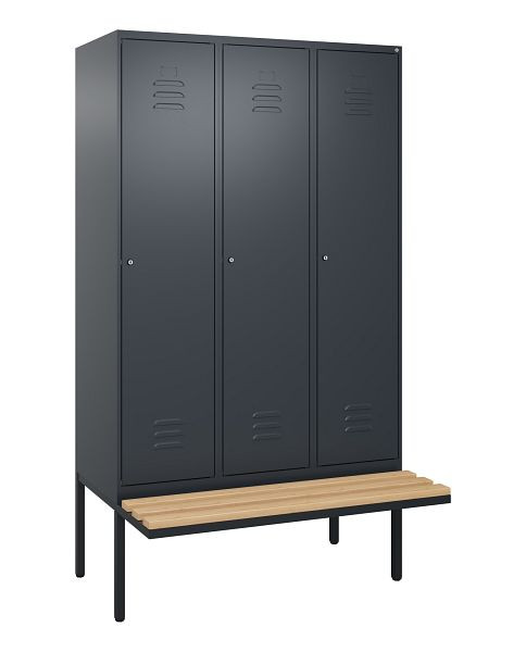 C+P Umkleidespind Classic PLUS, 3 Abteile, 2120x1200x815mm, 7016/7016, Zylinderschlösser, Buche-Sitzleisten, je 2 Doppel-Haken, 0800407-32F S10056
