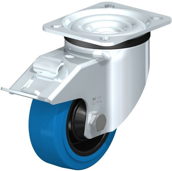 Blickle LK-POEV 100KD-1-FI-SB Stahlblech-Lenkrolle, schwere Ausführung, mit Anschraubplatte & Feststeller, Elastik-Vollgummi, Blau, 850954