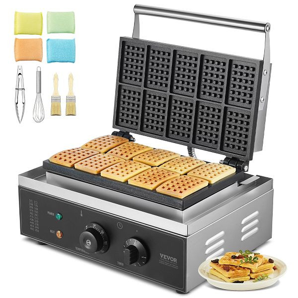VEVOR Kommerzielle Waffel Maker Waffeleisen, 1550W 10 Rechteckige Waffeln Silber, SYBLSHFBJDP1VHULYV2