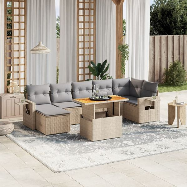 vidaXL 8-tlg. Garten-Sofagarnitur mit Kissen Beige Poly Rattan, 3271864