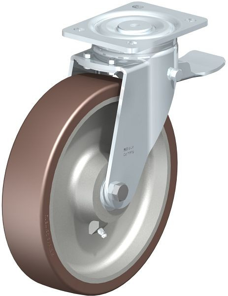 Blickle LH-GB 250K-ST Stahlblech-Lenkrolle, Schwerlast-Ausführung, mit Anschraubplatte & Feststeller, Blickle Besthane®, Braun, 755326