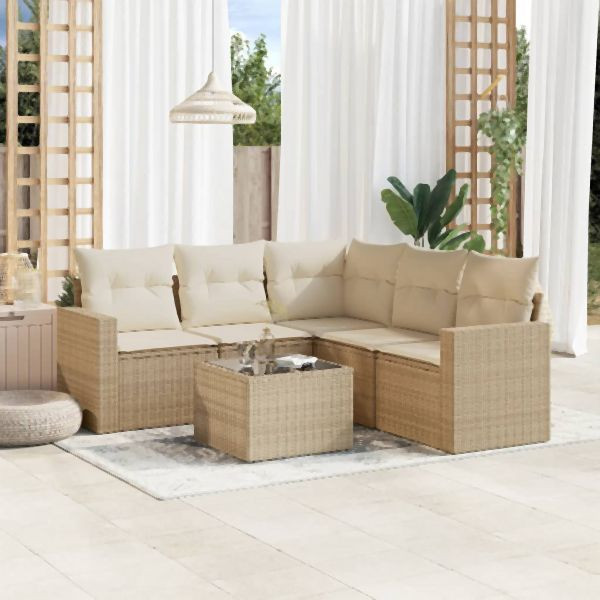 vidaXL 6-tlg. Garten-Sofagarnitur mit Kissen Beige Poly Rattan, 3218948