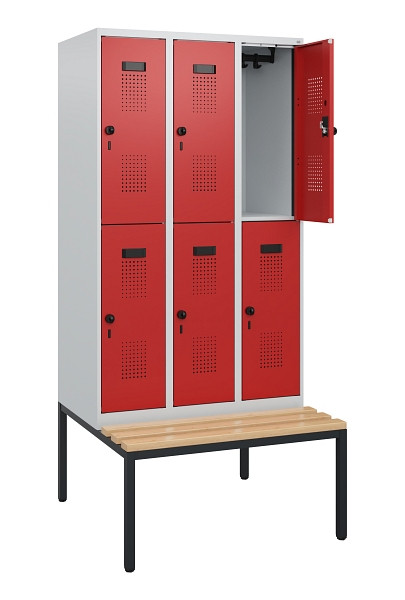 C+P Doppelstöckiger Spind Evolo PLUS, Bank, 6 Fächer, 1950x900x815mm, 7035/3000, Drehriegel, Sitzfläche Buche-Hartholz, Sitzbank, 0493505-30 S10003