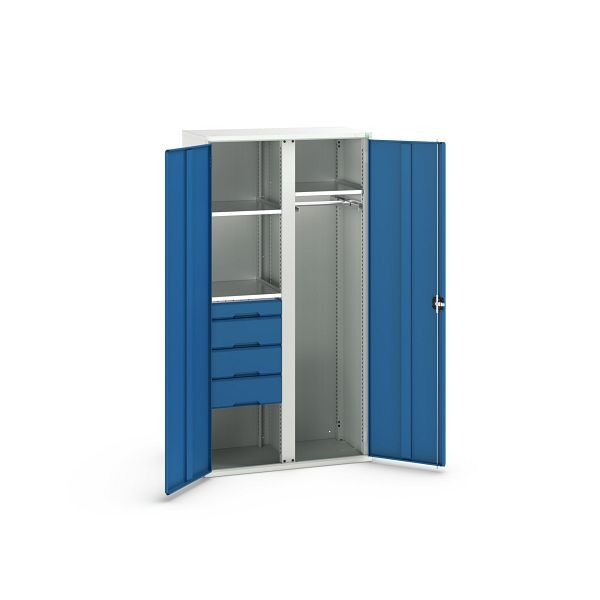 bott verso Flügeltürschrank mit 4 Schubladen, mit 3 Fachböden und 1 Kleiderstange, BxTxH: 1050 x550 x 2000 mm, Lichtgrau / Enzianblau, 16926581.11