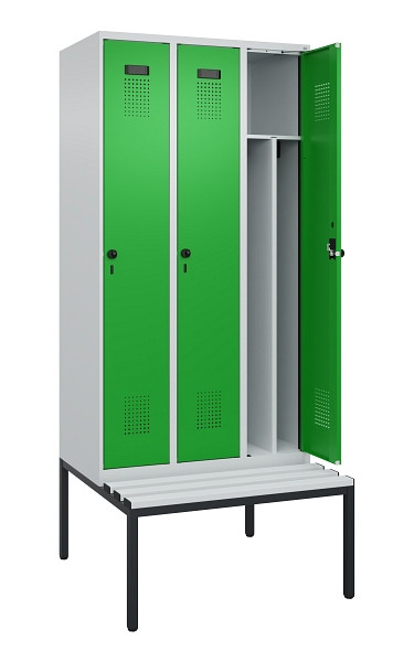 C+P Spind Evolo PLUS, 3 Abteile, 2120x900x815mm, 7035/6037, Haken 4, Drehriegel, Sitzfläche Kunststoff, Sitzbank, 0490507-30F S10065