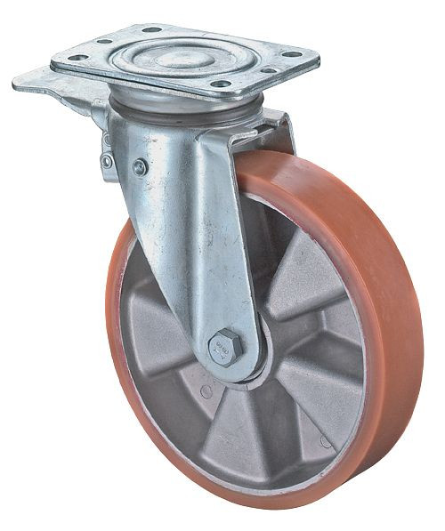 BS Rollen Schwerlastrolle mit Feststeller, Breite 50 mm, Ø200 mm, bis 600 kg, Guss-Polyurethan 95 Shore A, Körper Aluminium, Kugellager, N120.B90.203