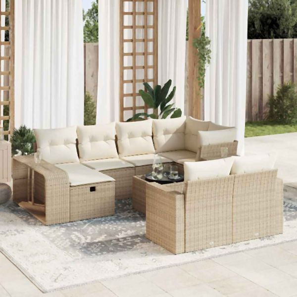 vidaXL 11-tlg. Garten-Sofagarnitur mit Kissen Beige Poly Rattan, 3326072