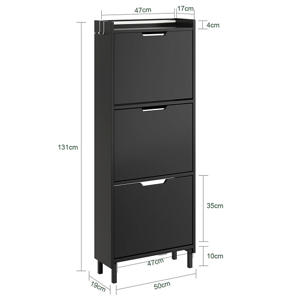 SoBuy Schuhschrank Dunkelgrau mit 3 Klappen, Schuhregal mit Haken und Ablage, aus MDF, 50×19×131 cm, Tragkraft 25 kg, FSR151-H-E-SCH