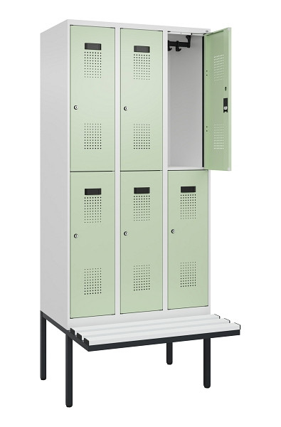 C+P Doppelstock-Spind Evolo PLUS, Bank, 6 Fächer, 2120x900x815mm, 9016/6019, Zylinderschloss, Sitzfläche Kunststoff, 0493407-30 S10133