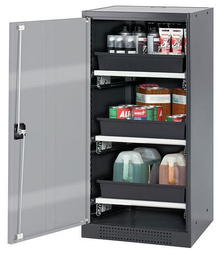 asecos Chemikalienschrank Systema-T CS-53L, Korpus anthrazit, Flügeltüren silber, 3 Tablarauszüge, 208841