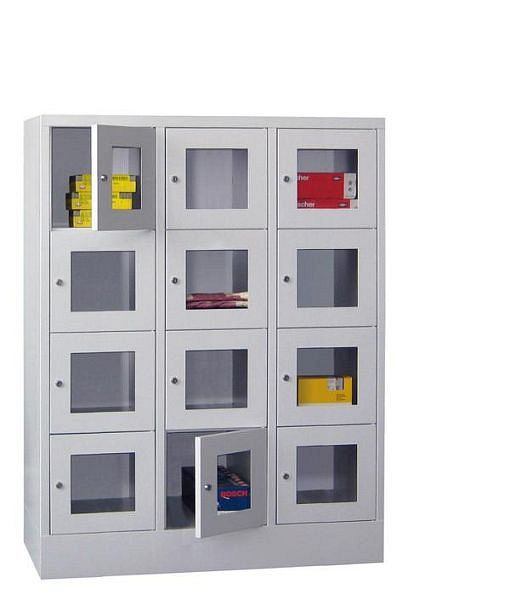 Pavoy Schließfachschrank mit Sockel 1518/500/1200, 3b x 4h, Zylinderschloss, Abteilbreite 400, Sichtfenster, 61213-344-091-910716