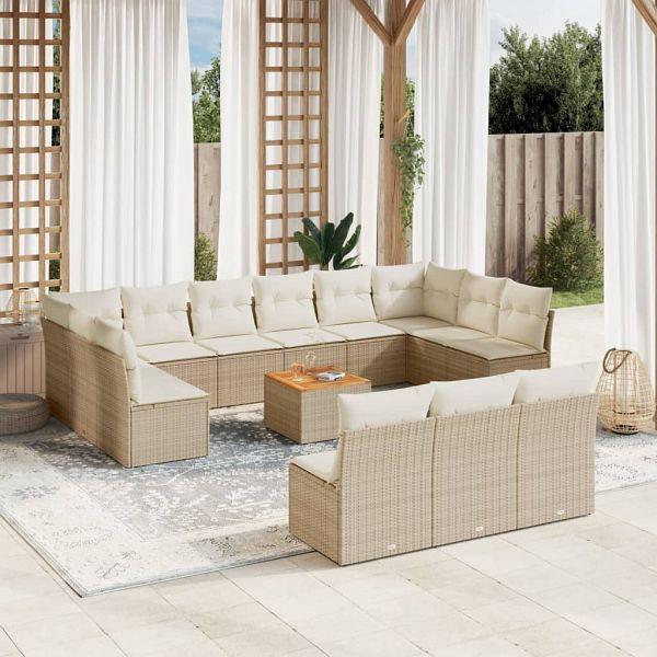 vidaXL 14-teilig Garten-Sofagarnitur mit Kissen Beige Poly Rattan, 3256233